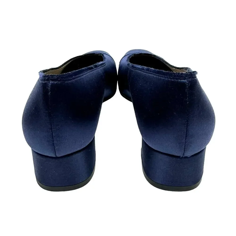 Pedro Garcia Eladia NEW Navy Silk Satin Low Block Heel Slip On Pump $550